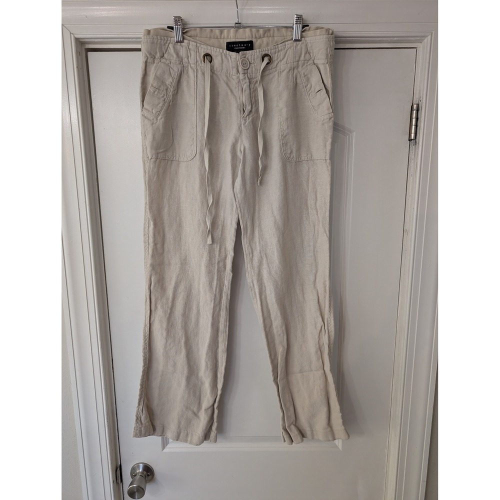 Sanctuary Womens 29 Linen Pants‎ Beige Straight Leg Drawstring coastal Grandma